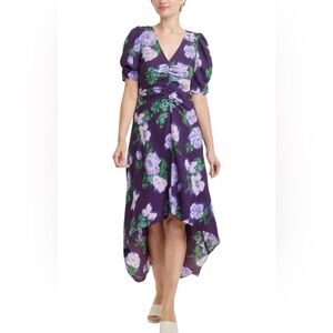 A New Day Purple Floral Hi-Low Dress Ruched Puff Sleeve V-Neck Size M